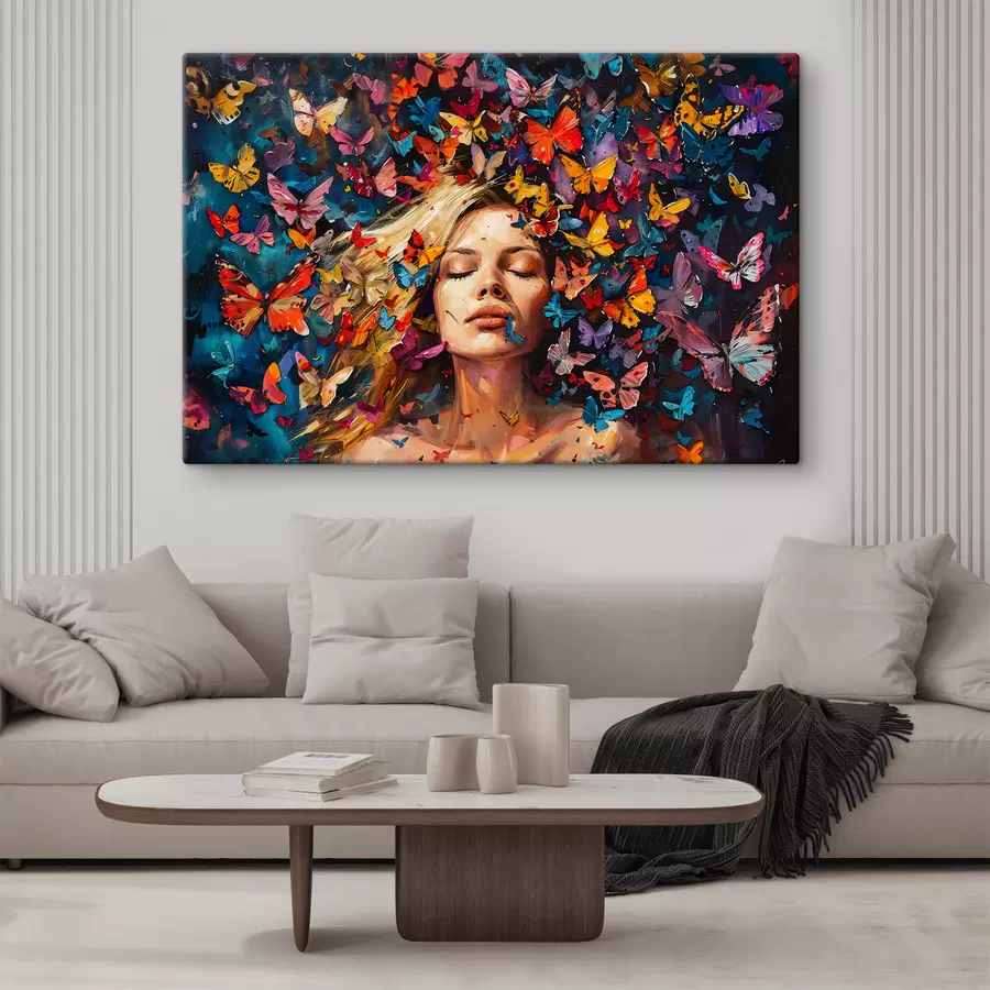 carta da parati Dipinto ad olio raffigurante una giovane donna circondata da uno sciame di farfalle colorate su uno sfondo scuro nr. s38972