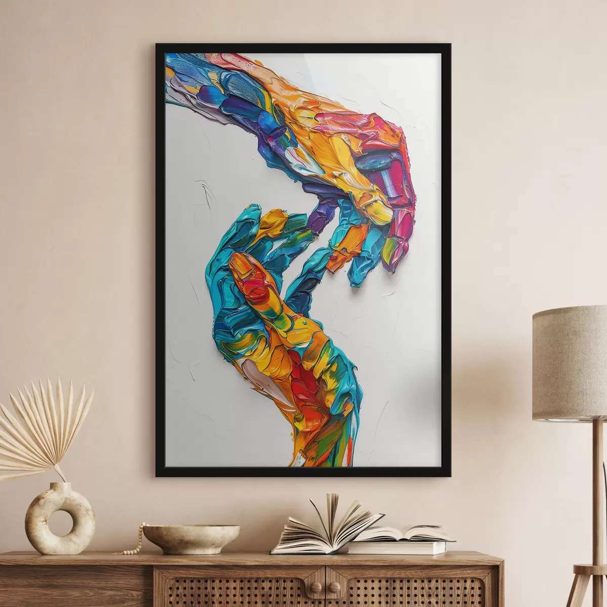 Poster Mani di pittura a olio di impasto astratto colorato con vibranti pennellate di vernice blu, arancione, gialla e rossa f38955