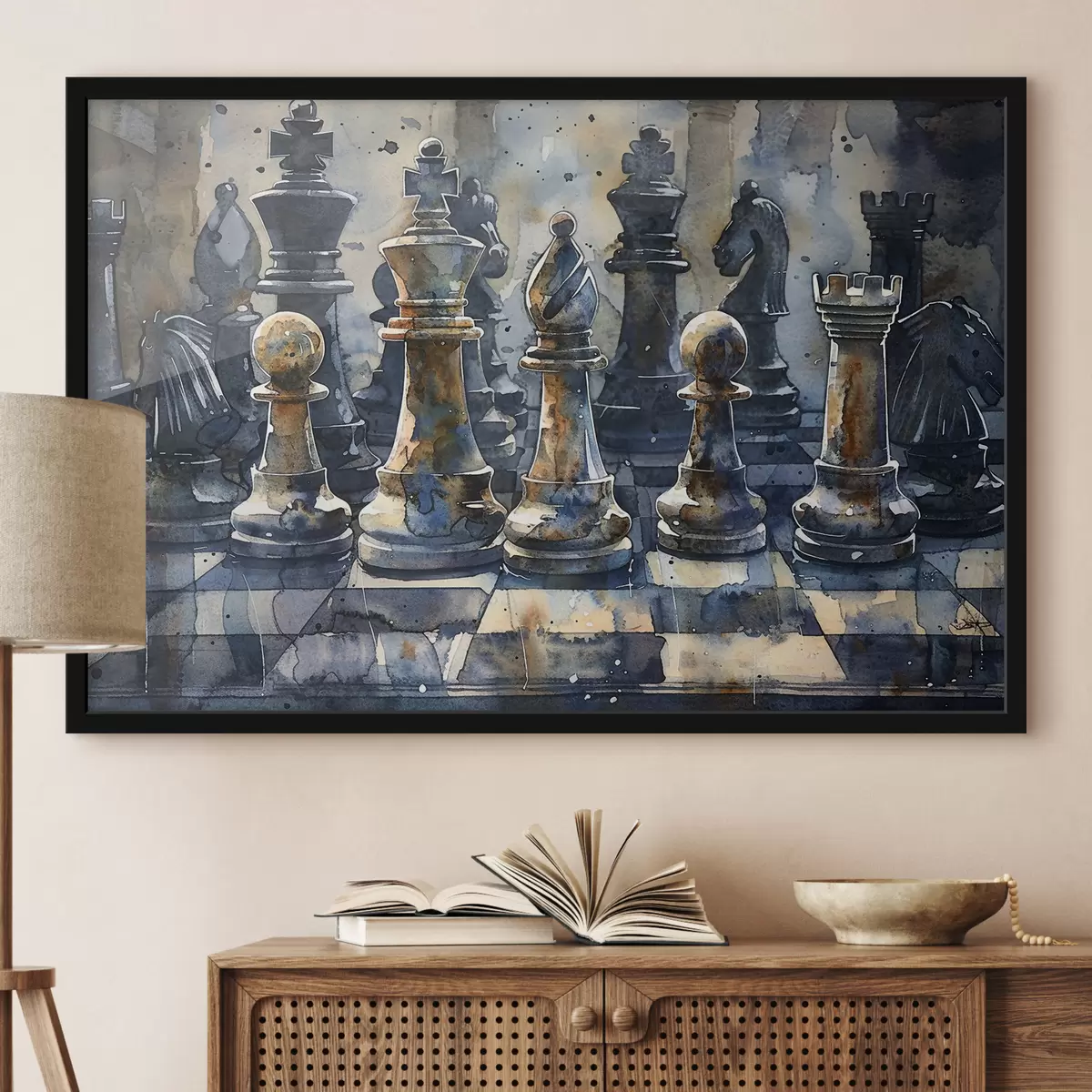 Poster Vista ravvicinata della pittura ad acquerello di una scacchiera in metallo o pietra, con disegni e texture dettagliati f38960