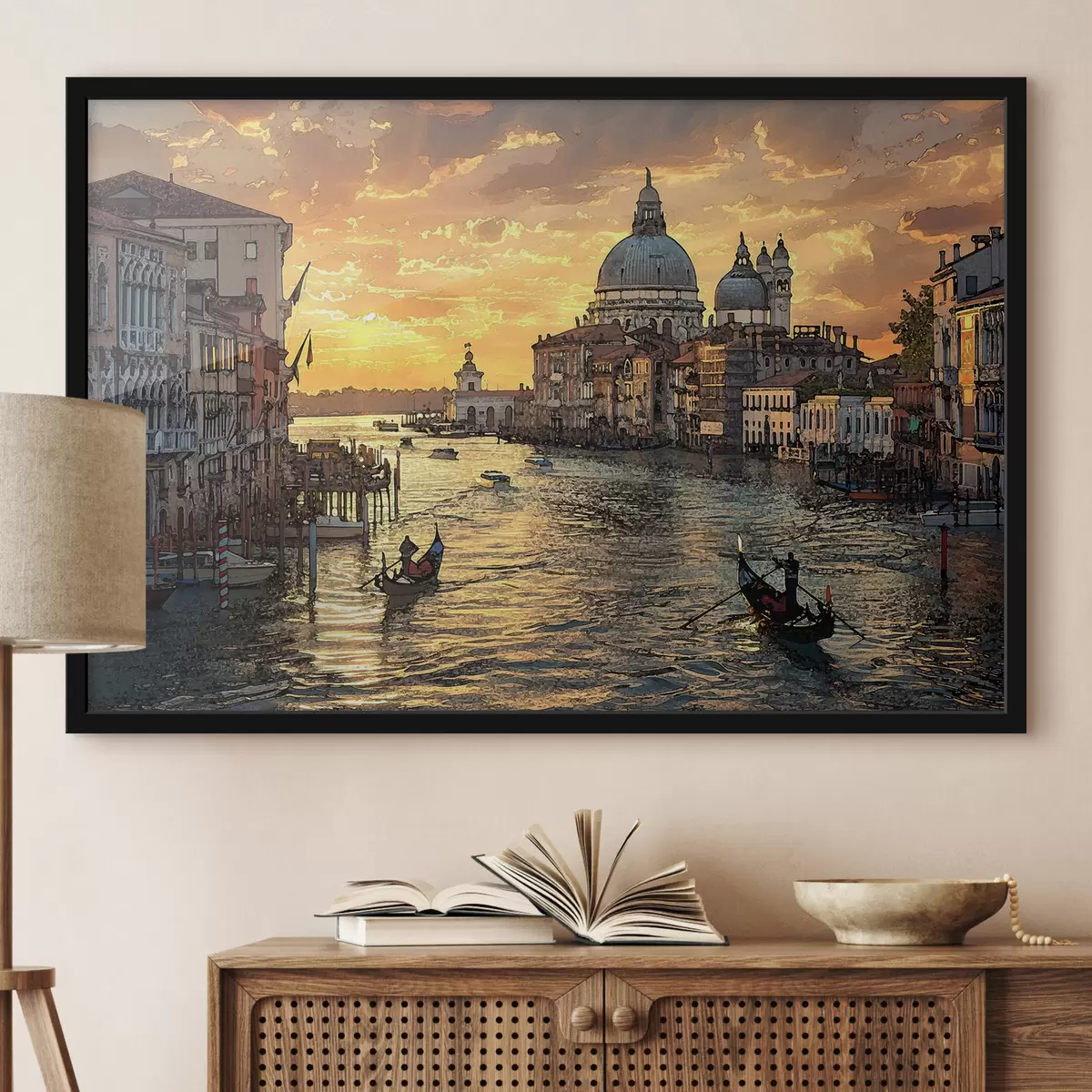 Poster Un dipinto con vista panoramica del Canal Grande a Venezia, Italia al tramonto. f38963