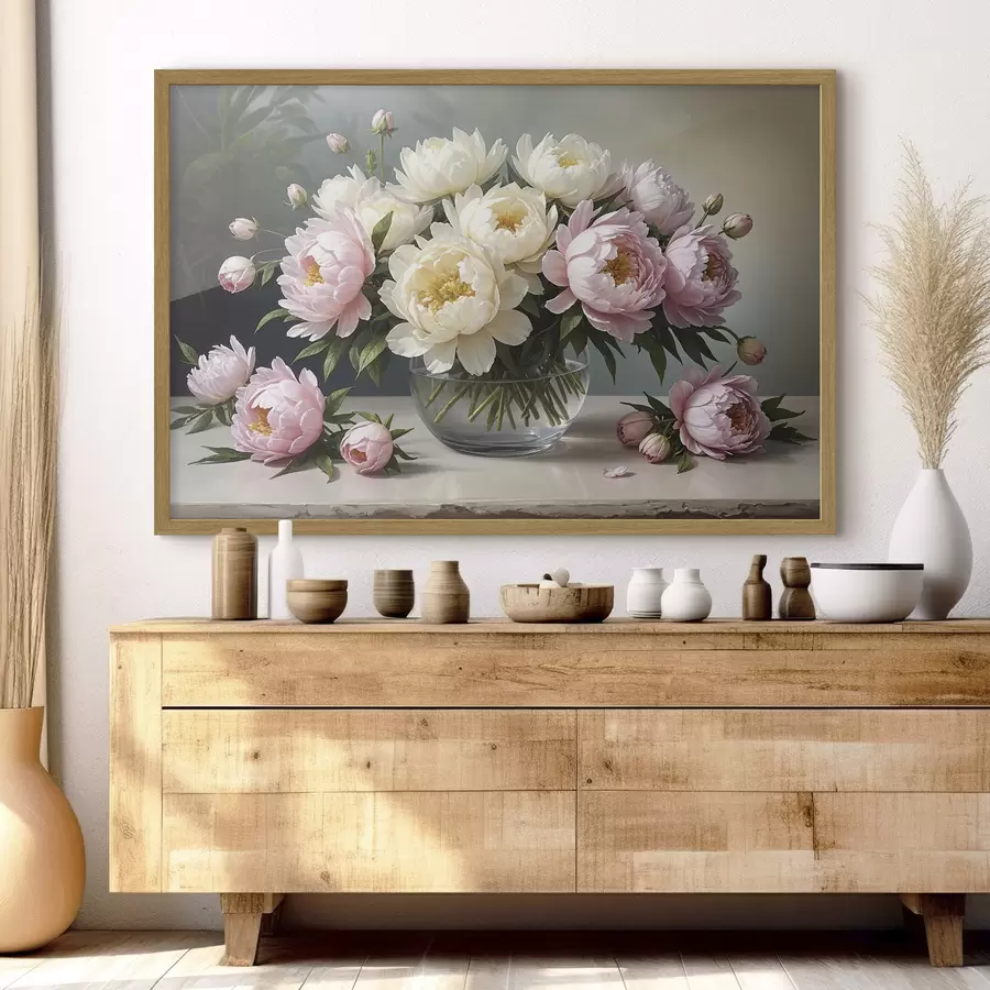 carta da parati Dipinto di un mazzo di bellissime peonie bianche e rosa in un vaso di vetro su un tavolo di legno nr. f38967