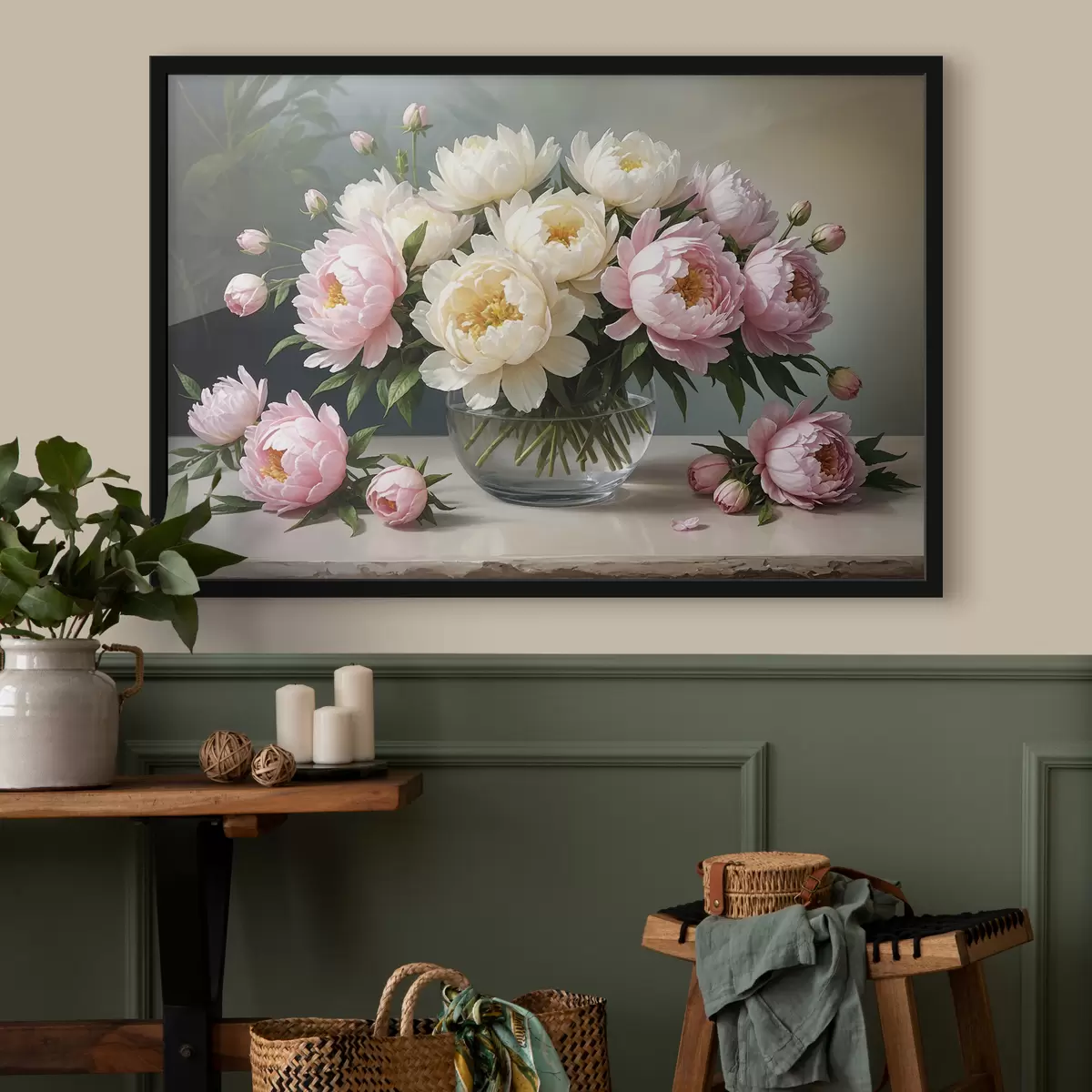 Poster Dipinto di un mazzo di bellissime peonie bianche e rosa in un vaso di vetro su un tavolo di legno f38967