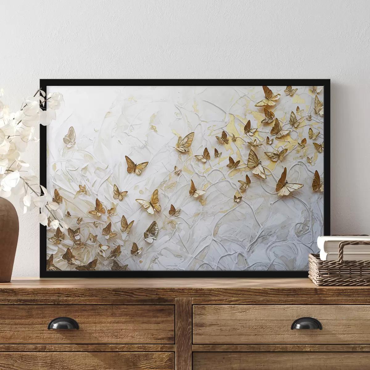 Poster Un folto gruppo di farfalle su sfondo bianco, creando un motivo bello e intricato f38970