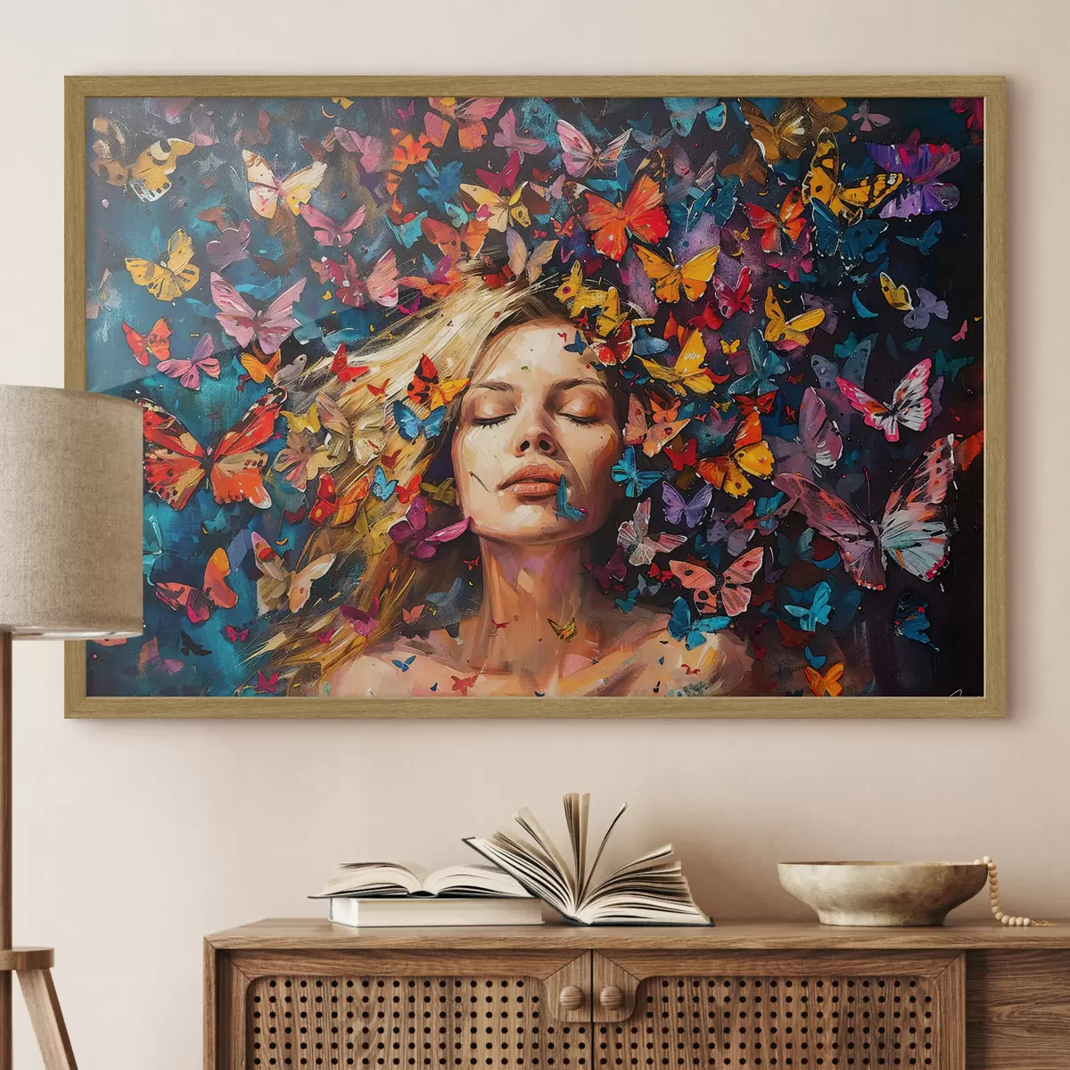 Poster Dipinto ad olio raffigurante una giovane donna circondata da uno sciame di farfalle colorate su uno sfondo scuro f38972