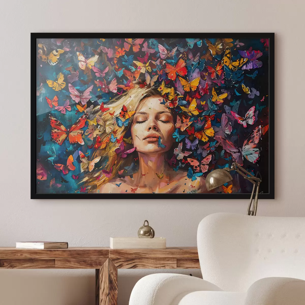 Poster Dipinto ad olio raffigurante una giovane donna circondata da uno sciame di farfalle colorate su uno sfondo scuro f38972