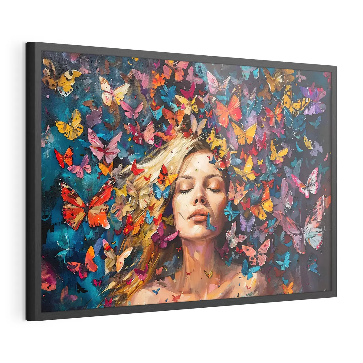 Poster Dipinto ad olio raffigurante una giovane donna circondata da uno sciame di farfalle colorate su uno sfondo scuro f38972