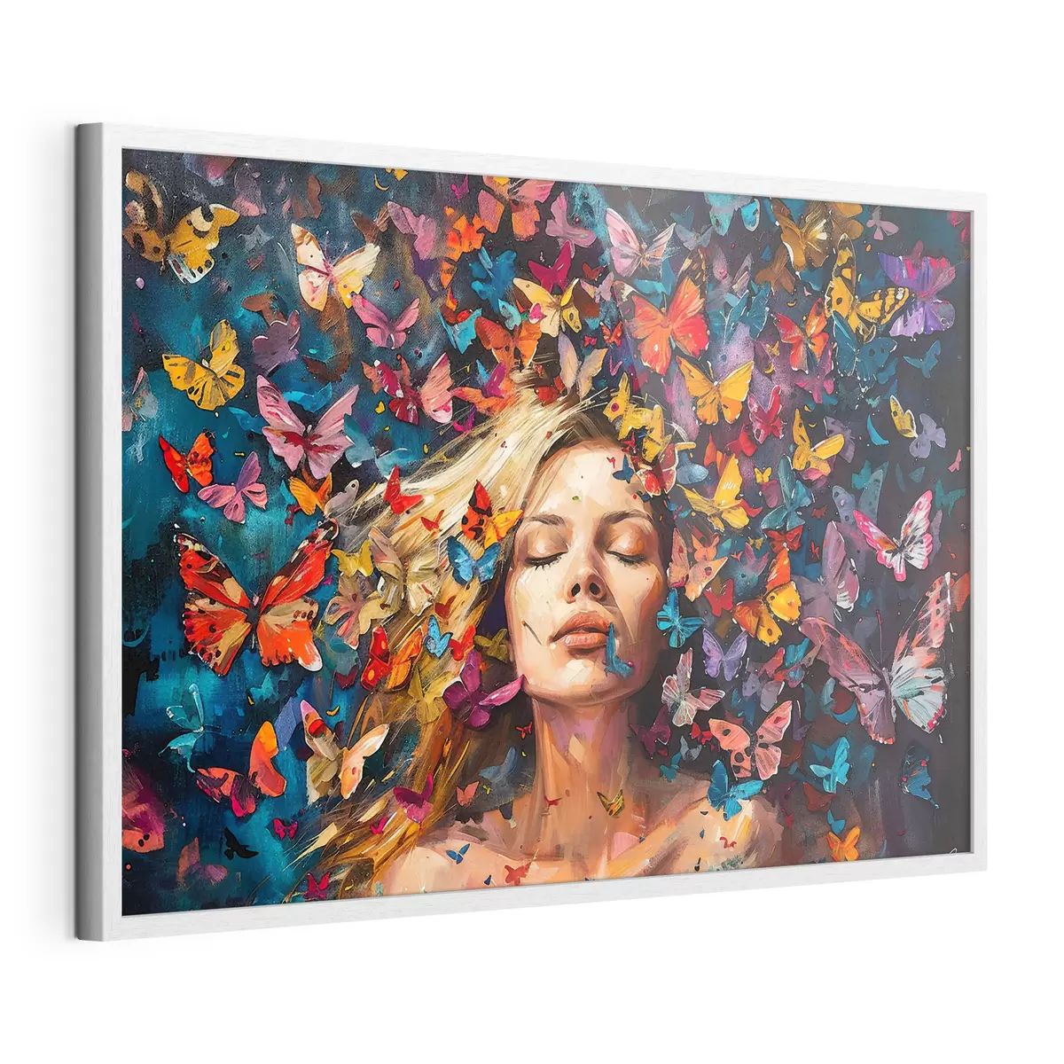 Poster Dipinto ad olio raffigurante una giovane donna circondata da uno sciame di farfalle colorate su uno sfondo scuro f38972