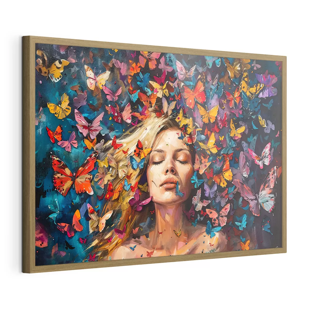 Poster Dipinto ad olio raffigurante una giovane donna circondata da uno sciame di farfalle colorate su uno sfondo scuro f38972