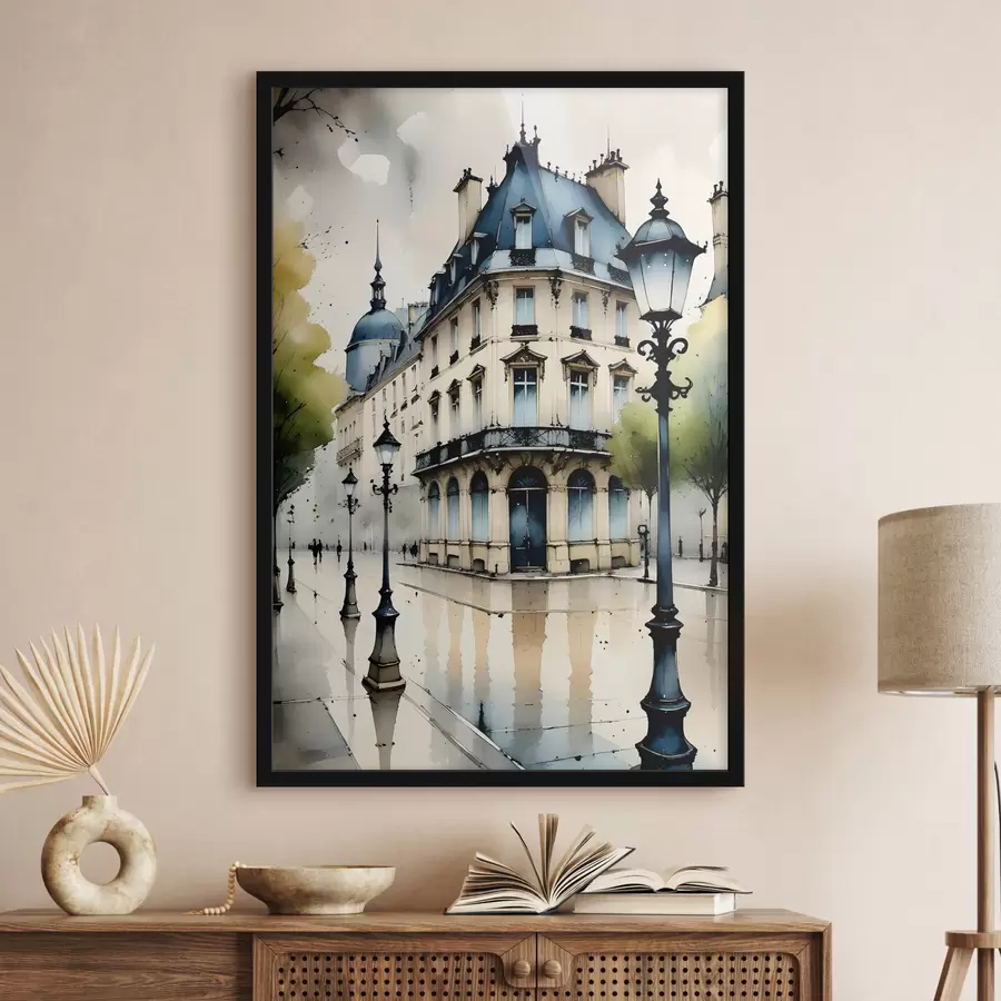 carta da parati Dipinto ad acquerello di edificio storico con facciata curva ed elementi architettonici decorativi nr. f38975