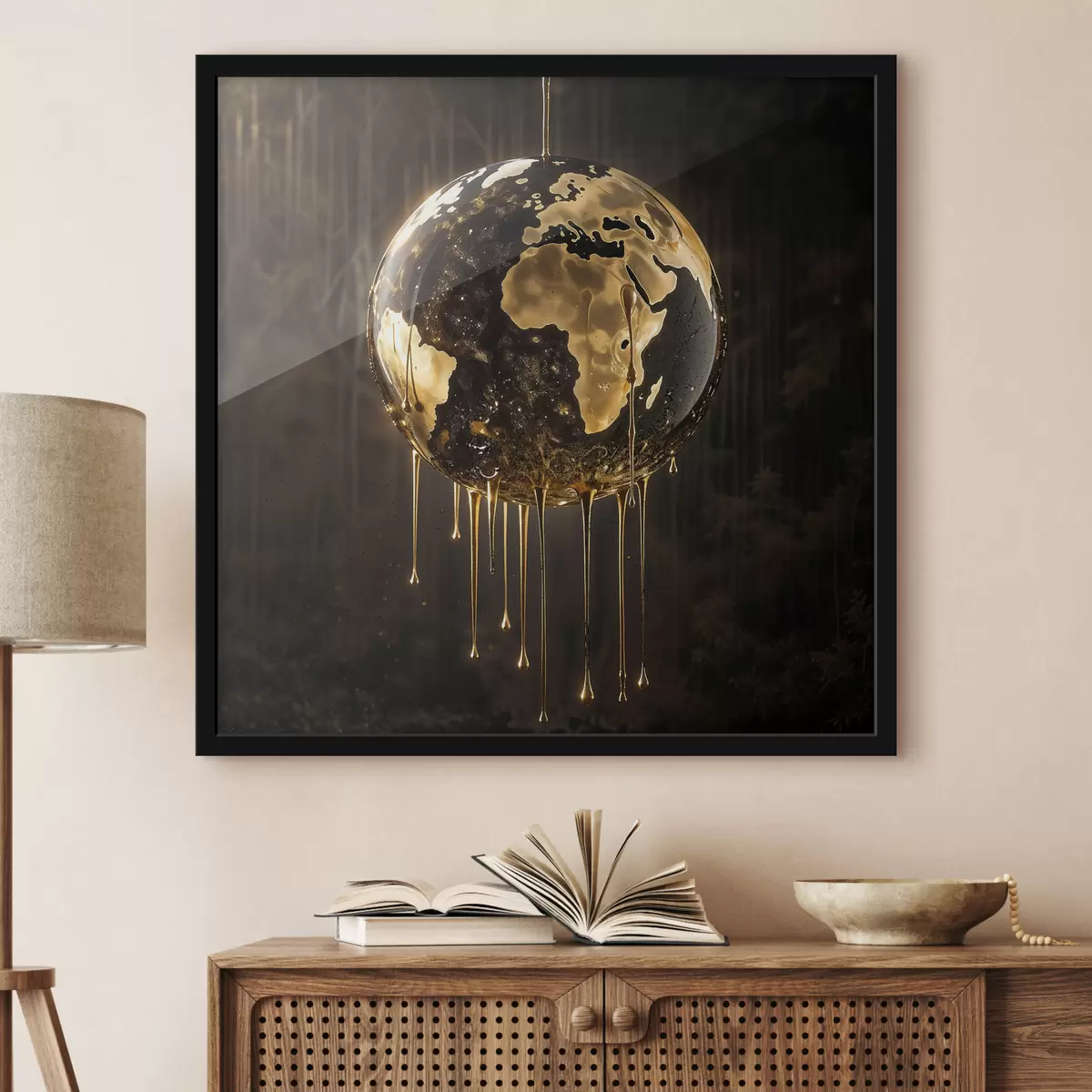 Poster Una sfera incandescente raffigurante la Terra circondata da liquido gocciolante su uno sfondo scuro f38983