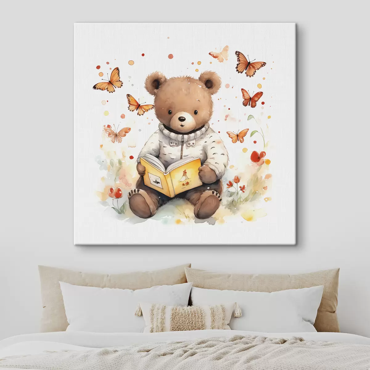 carta da parati Il cucciolo di orso bruno in maglione legge un libro circondato da farfalle acquerellate nr. s39025