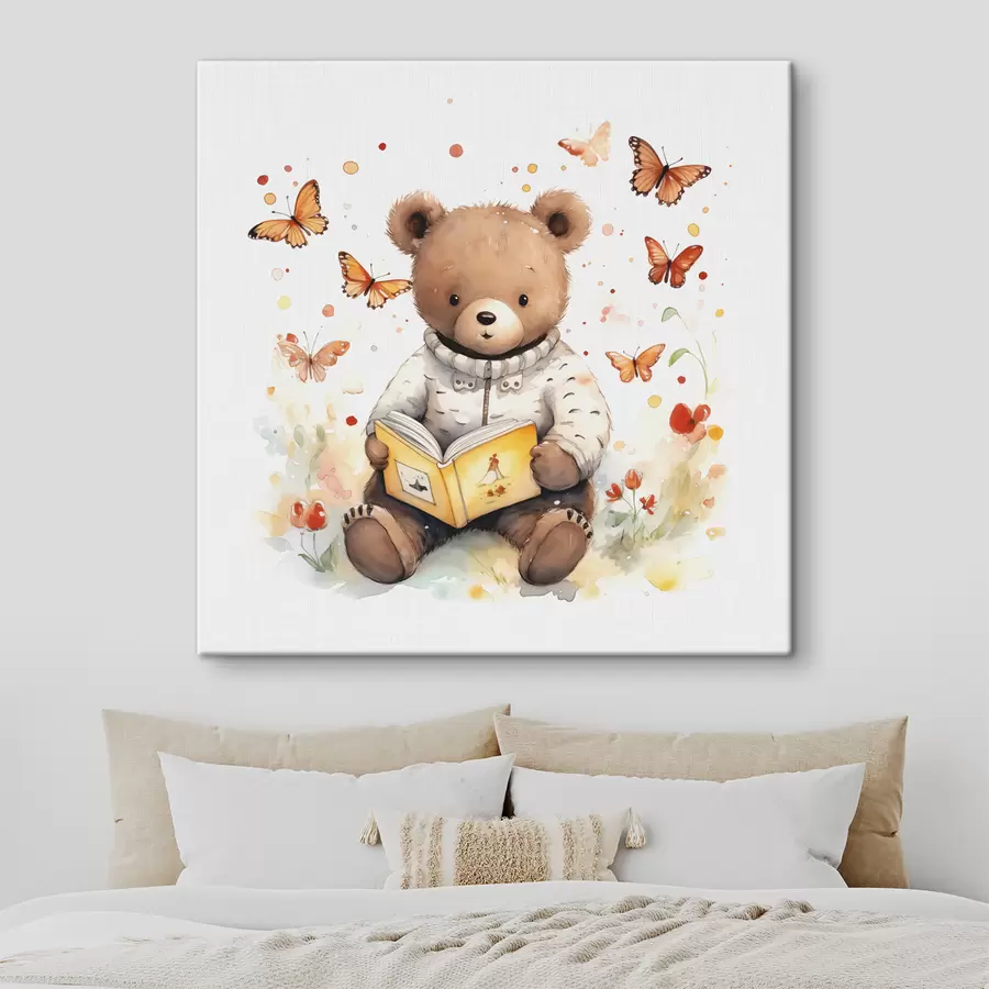 carta da parati Il cucciolo di orso bruno in maglione legge un libro circondato da farfalle acquerellate nr. s39025