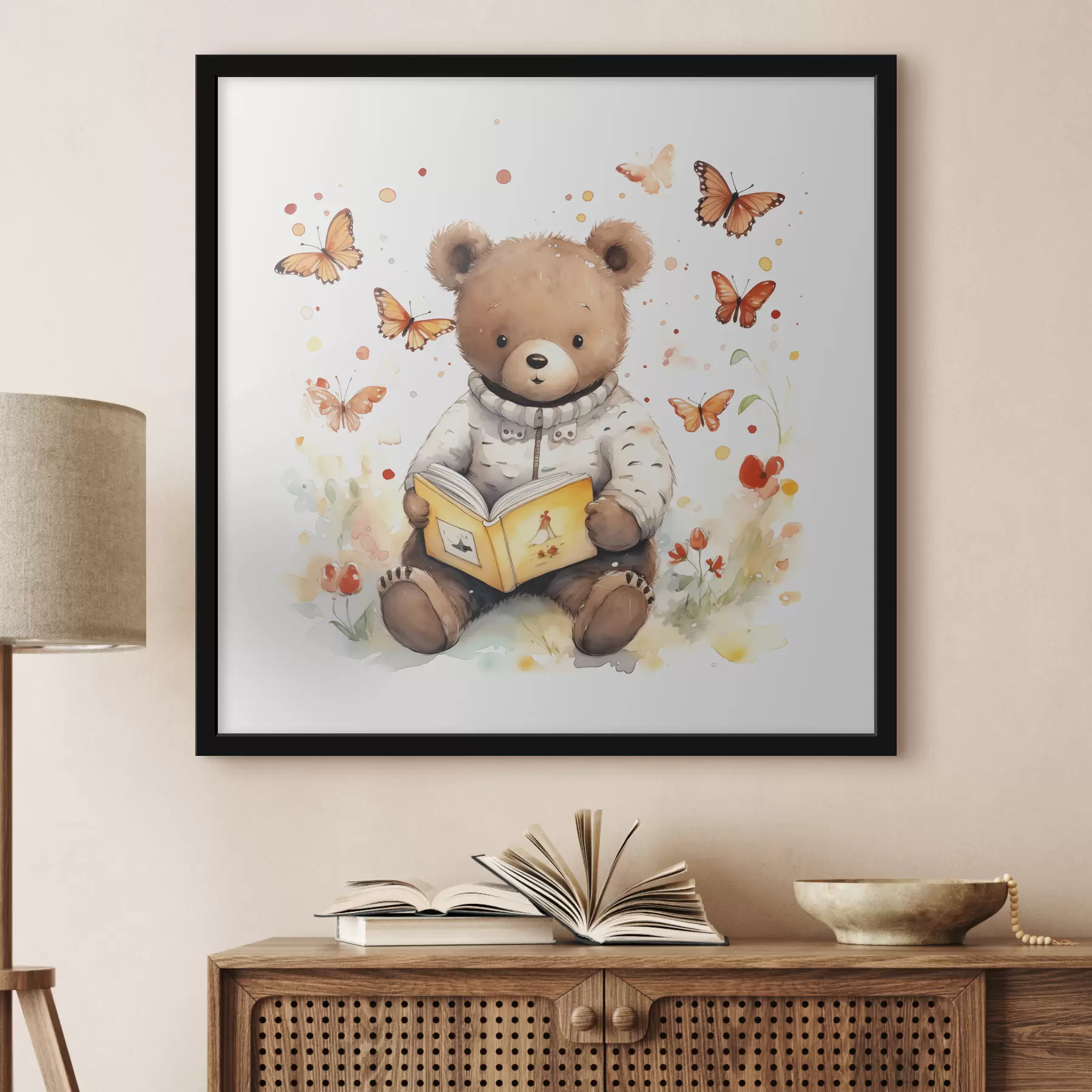 carta da parati Un orso bruno in maglione legge un libro circondato da farfalle acquerellate nr. f39025