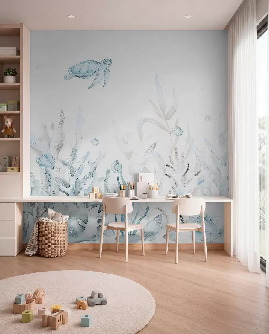 Carta da parati Mare Coralli marini dell'acquerello, conchiglie, tartarughe, vita marina, tenui colori blu