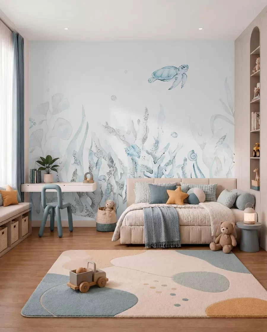 Carta da parati Mare Coralli marini dell'acquerello, conchiglie, tartarughe, vita marina, tenui colori blu