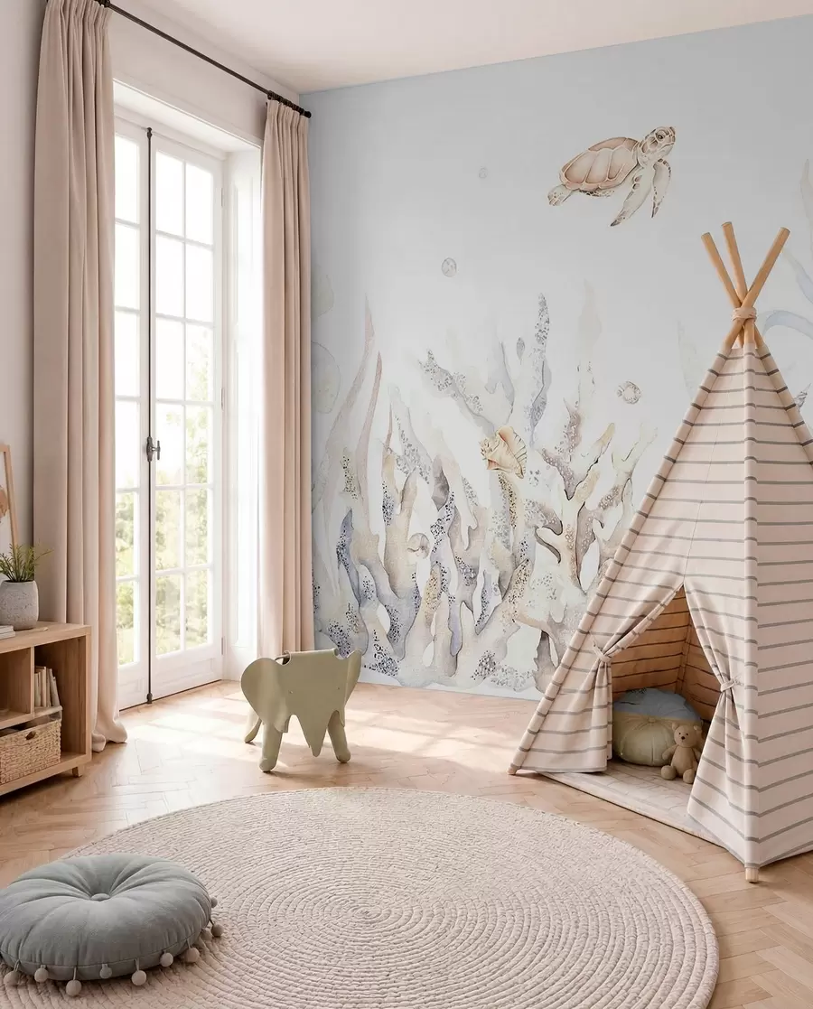 Carta da parati Mare Coralli marini dell'acquerello, conchiglie, tartarughe, vita marina, tenui colori beige