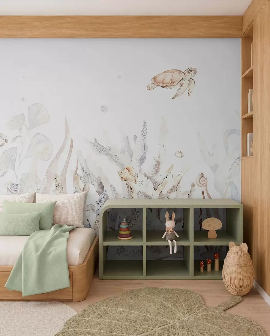 Carta da parati Mare Coralli marini dell'acquerello, conchiglie, tartarughe, vita marina, tenui colori beige