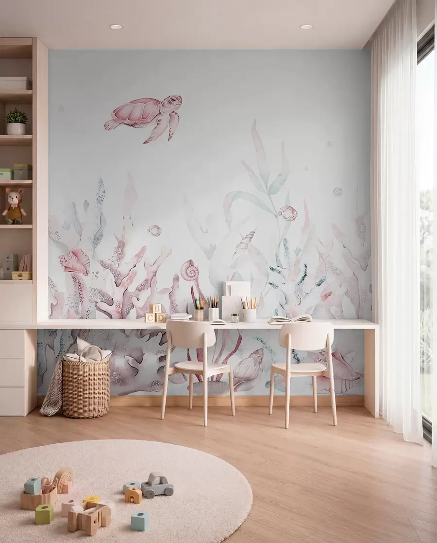 Carta da parati Mare Coralli marini dell'acquerello, conchiglie, tartarughe, vita marina, colori rosa tenui