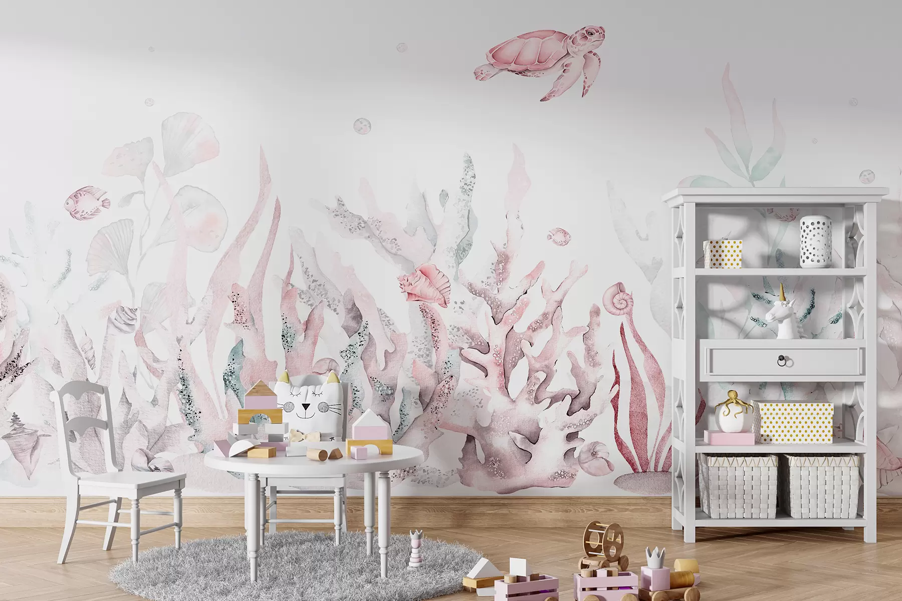 Carta da parati Mare Coralli marini dell'acquerello, conchiglie, tartarughe, vita marina, colori rosa tenui