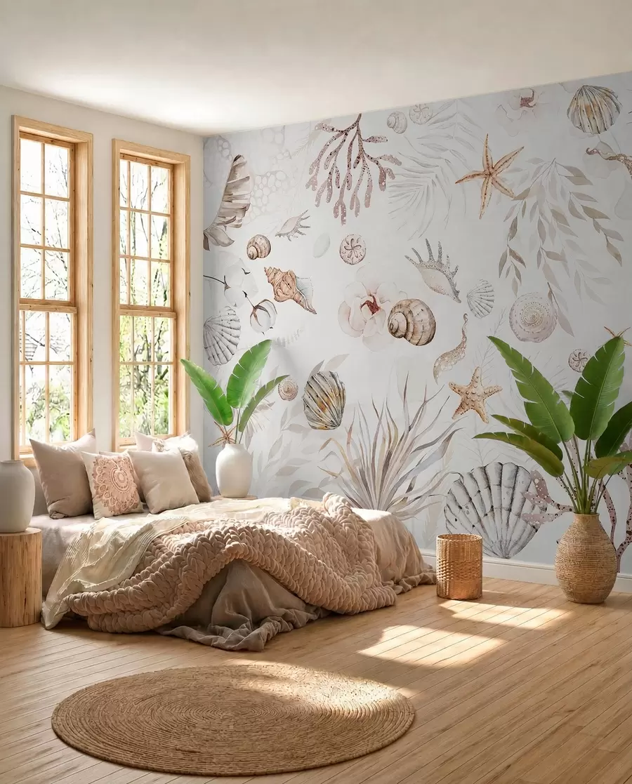 Carta da parati nature Motivo marino ad acquerello, stile boho, conchiglie, coralli, cotone, colori beige 