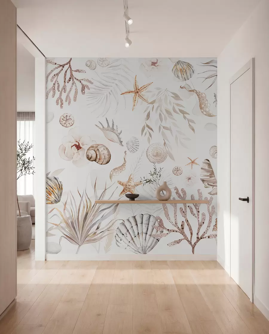 Carta da parati nature Motivo marino ad acquerello, stile boho, conchiglie, coralli, cotone, colori beige 