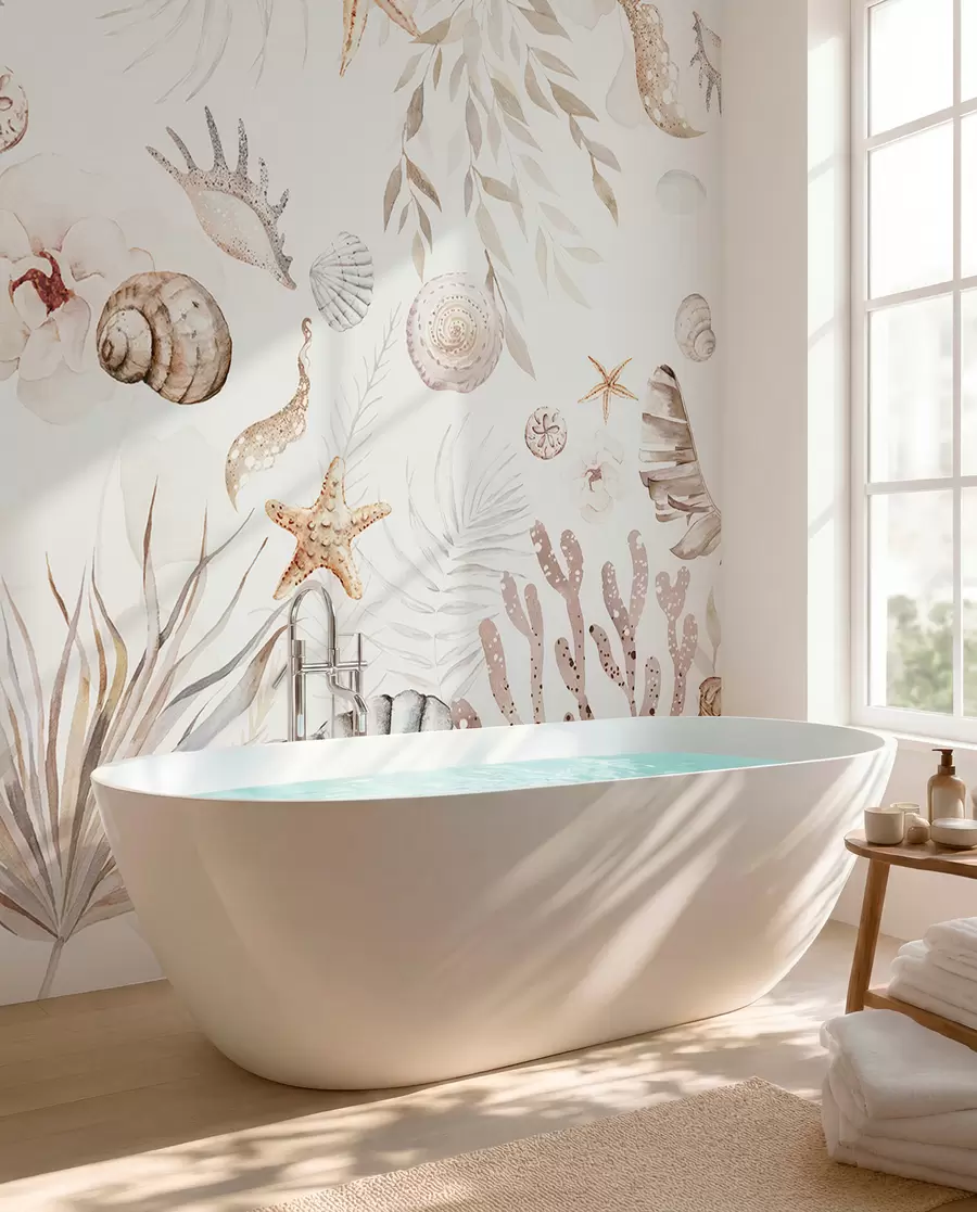 Carta da parati nature Motivo marino ad acquerello, stile boho, conchiglie, coralli, cotone, colori beige 