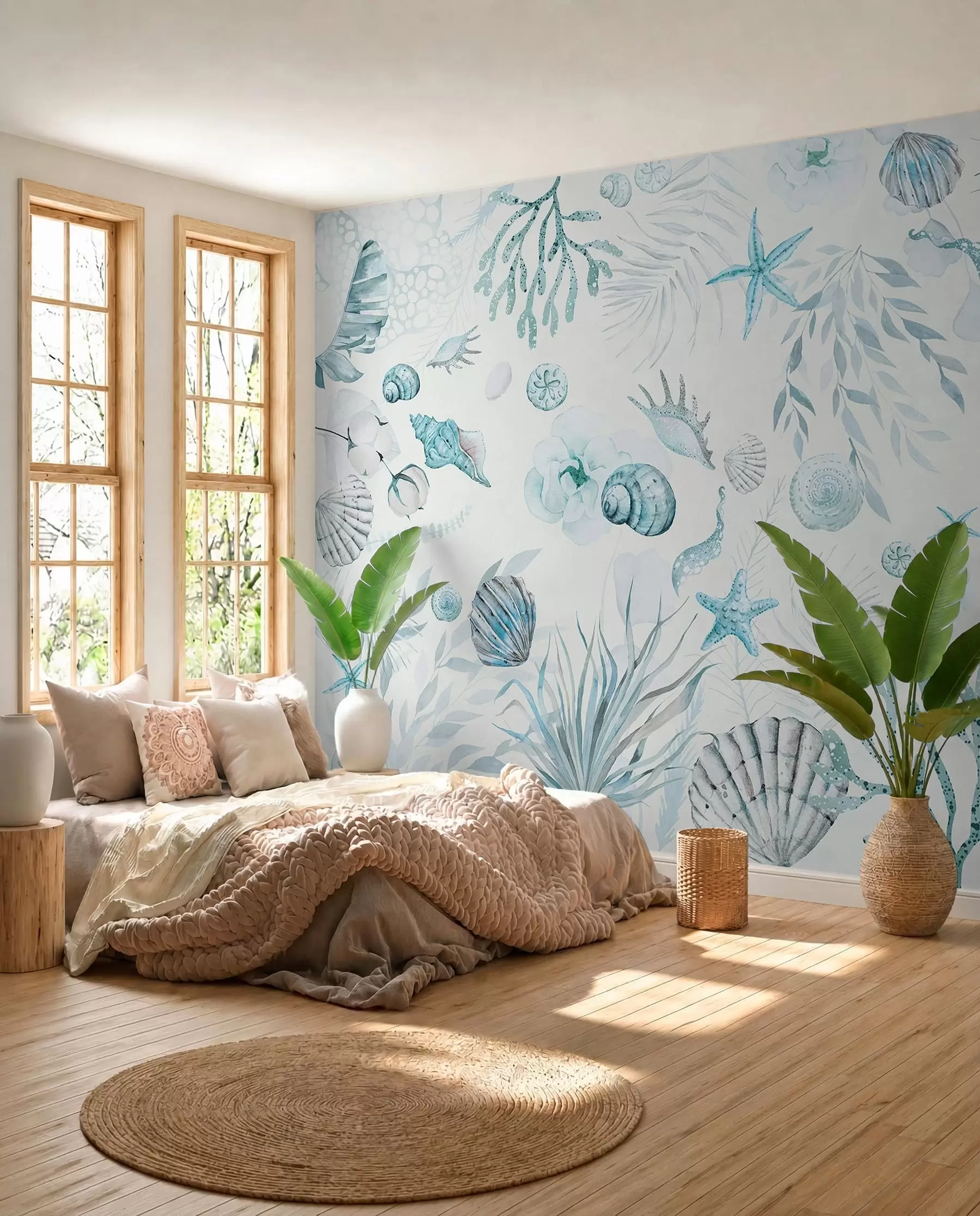 Carta da parati Mare Motivo marino ad acquerello, stile boho, conchiglie, coralli, cotone, colori blu