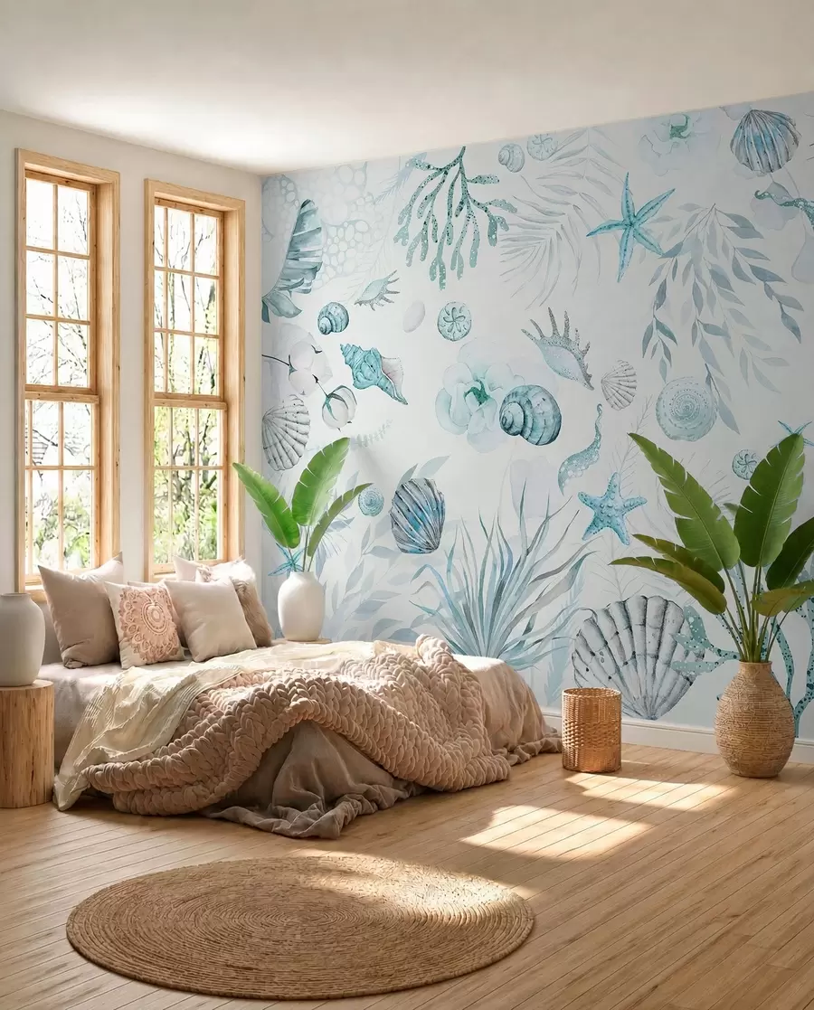 Carta da parati Mare Motivo marino ad acquerello, stile boho, conchiglie, coralli, cotone, colori blu