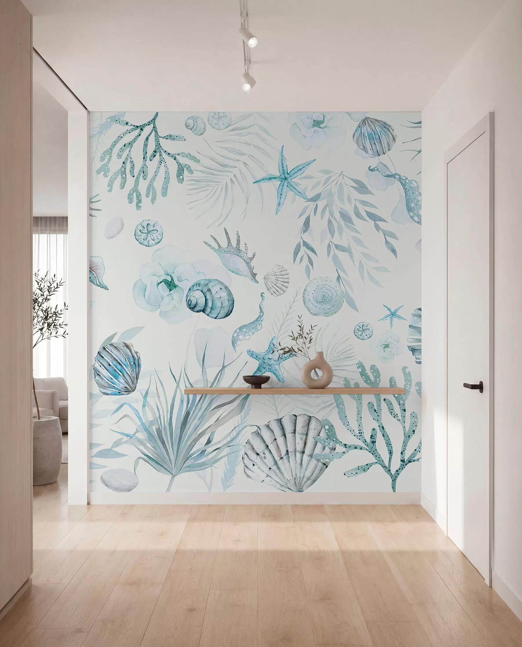 Carta da parati Mare Motivo marino ad acquerello, stile boho, conchiglie, coralli, cotone, colori blu