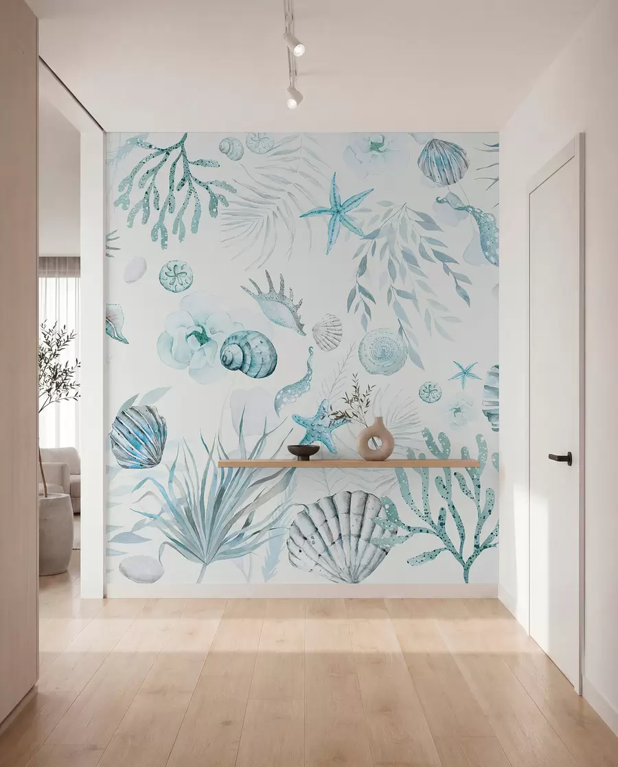 Carta da parati Mare Motivo marino ad acquerello, stile boho, conchiglie, coralli, cotone, colori blu