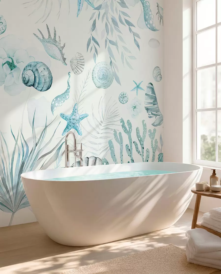 Carta da parati Mare Motivo marino ad acquerello, stile boho, conchiglie, coralli, cotone, colori blu