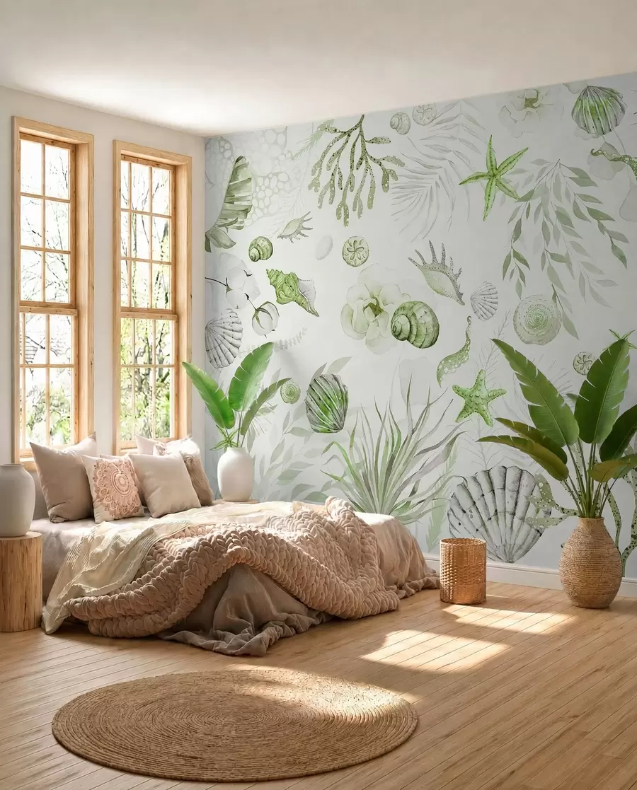 Carta da parati Mare Motivo marino ad acquerello, stile boho, conchiglie, coralli, cotone, colori verdi
