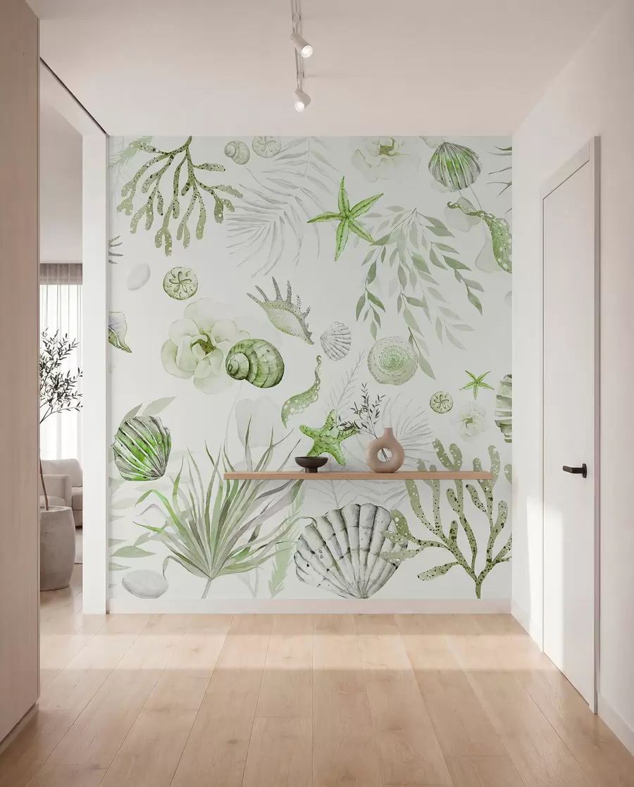 Carta da parati Mare Motivo marino ad acquerello, stile boho, conchiglie, coralli, cotone, colori verdi