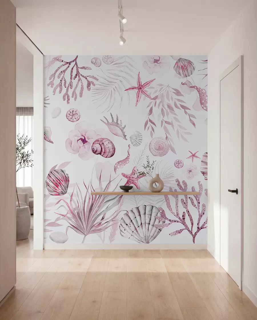 Carta da parati Floreale Motivo marino ad acquerello, stile boho, conchiglie, coralli, cotone, colori rosa n. w00851v3