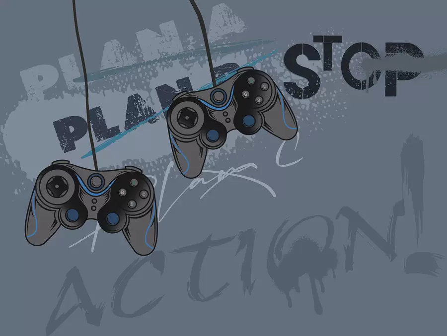 carta da parati Carta da parati per bambini con joystick e scritte grafiche in blu nr. w00829