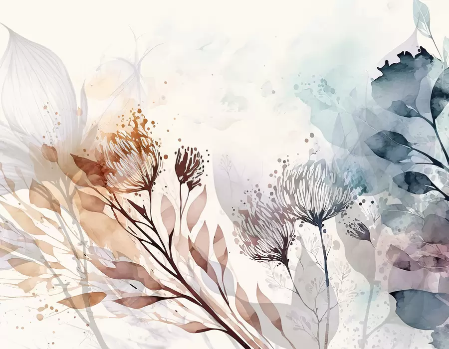 Carta da parati nature Delicati elementi floreali astratti, fiori stilizzati e forme vegetali in acquerelli dai toni tenui e terrosi 