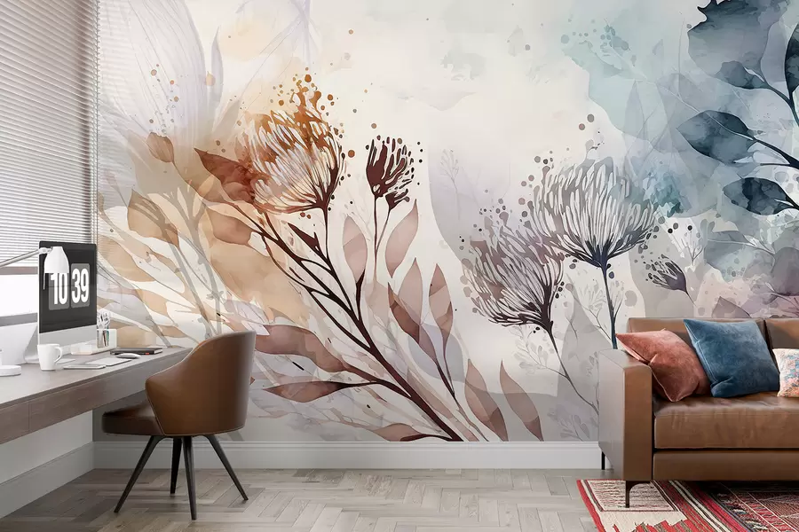 Carta da parati nature Delicati elementi floreali astratti, fiori stilizzati e forme vegetali in acquerelli dai toni tenui e terrosi 