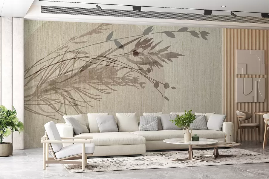 carta da parati Un'illustrazione minimalista di una forma circolare con elementi astratti simili a piante nei toni tenui della terra nr. w00902