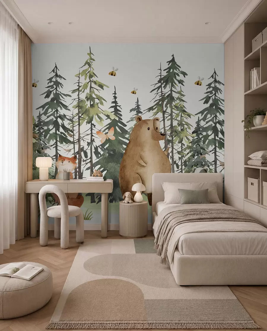 carta da parati Una scena forestale con animali e vari pini sullo sfondo nr. w00905