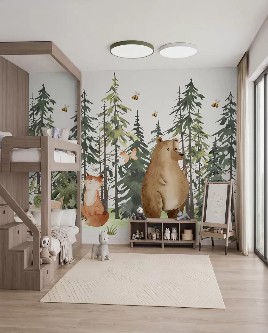 carta da parati Una scena forestale con animali e vari pini sullo sfondo nr. w00905