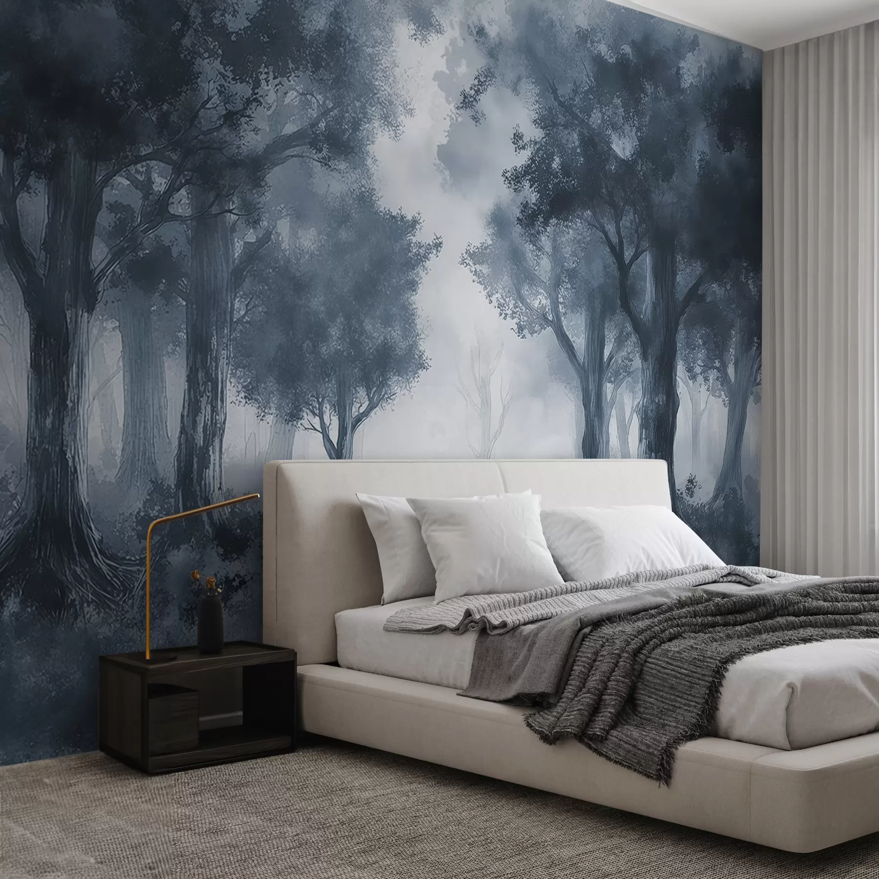 Carta da parati nature Una foresta dipinta nei colori grigio-blu 