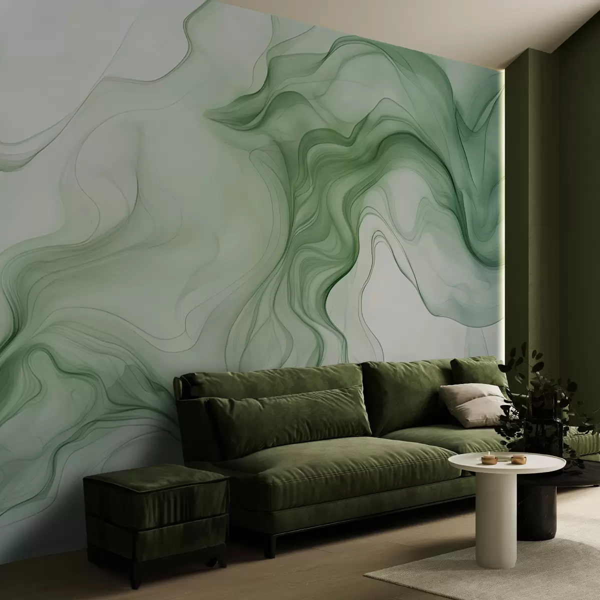carta da parati Onde astratte verdi panoramiche su uno sfondo chiaro nr. w01185d1