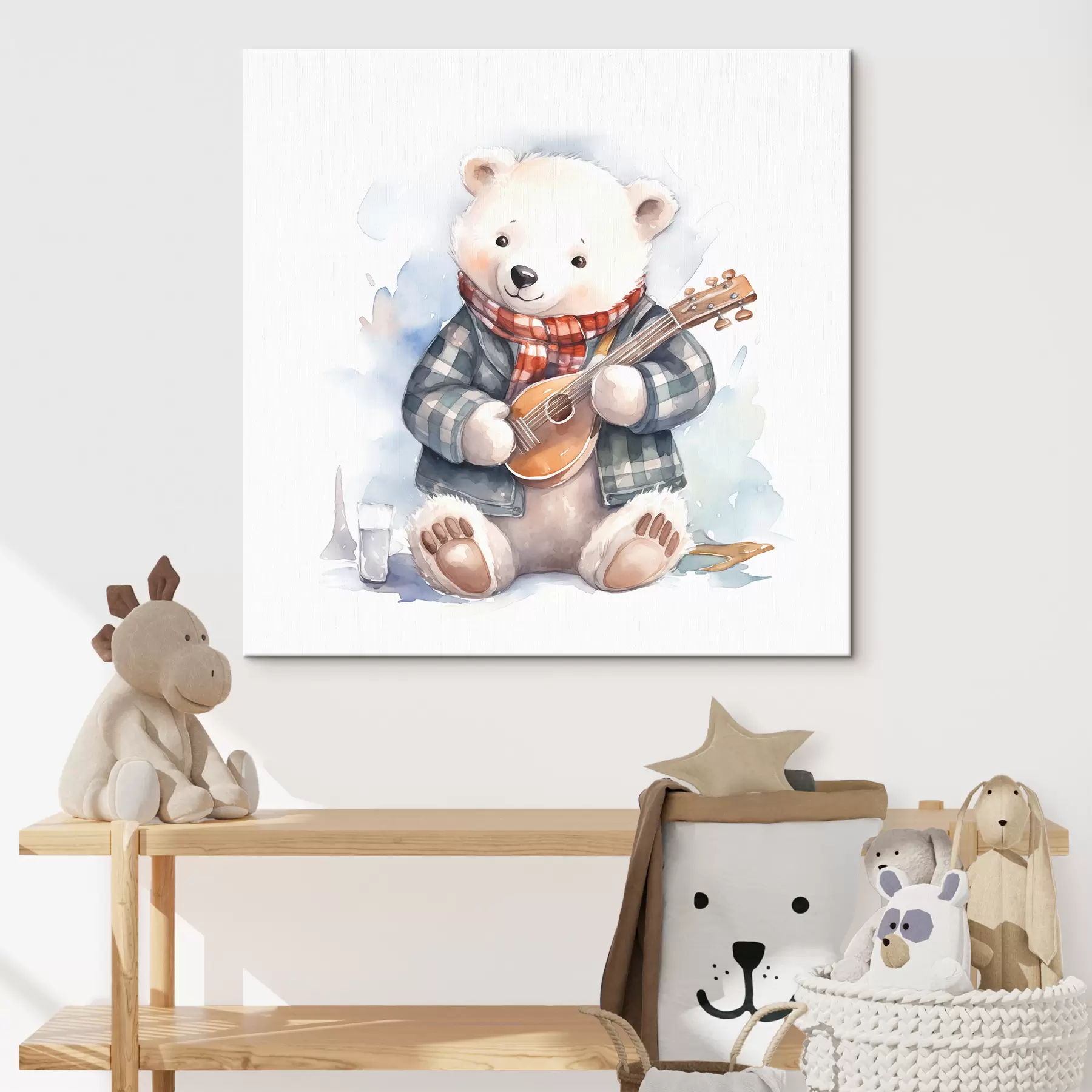 carta da parati Il musicista dell'orso polare in un vestito a quadretti blu e una sciarpa rossa suona l'illustrazione dell'acquerello dei bambini della chitarra nr. s39120