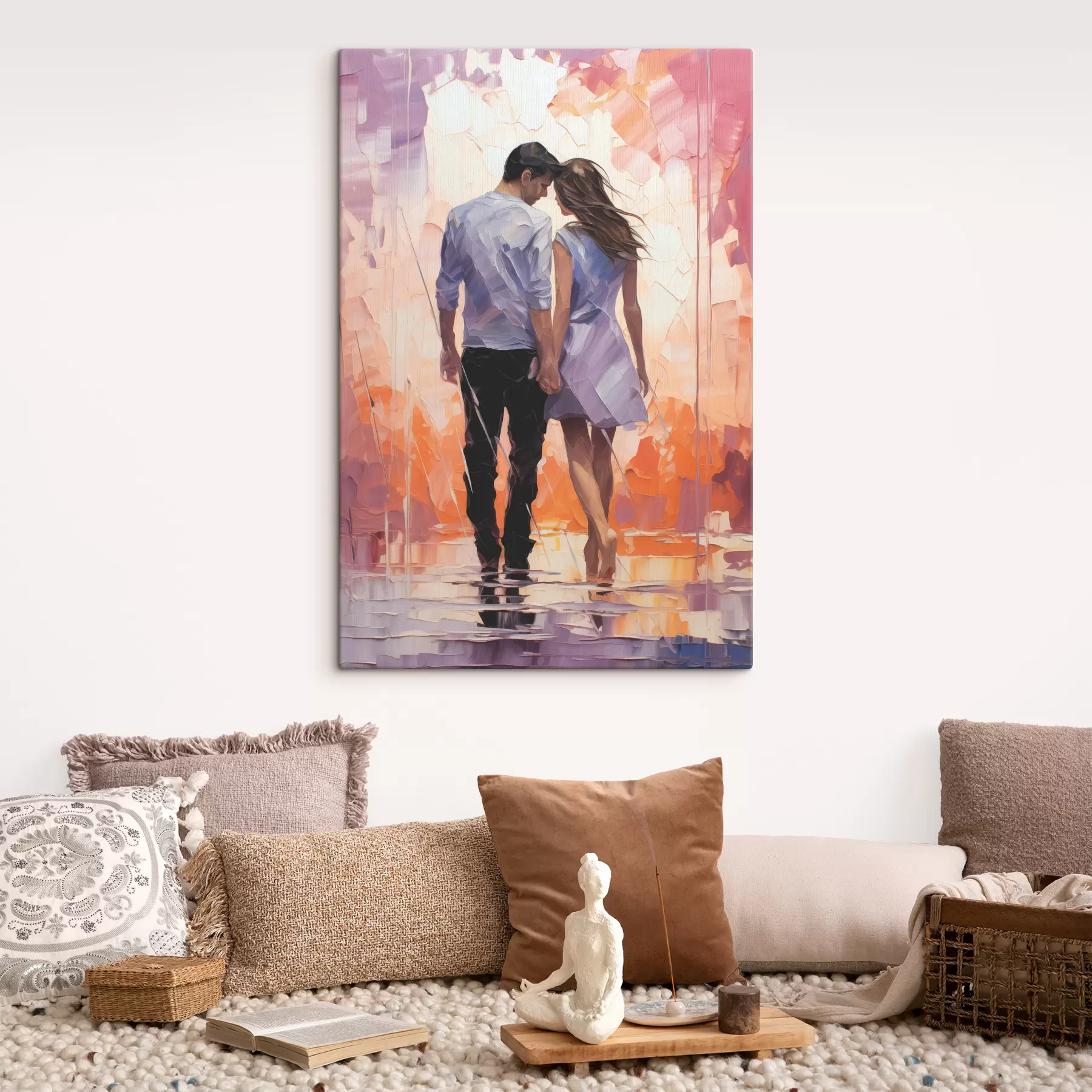 carta da parati Silhouette di una coppia innamorata pittura astratta, ragazza e ragazzo, colore rosa, arancione, viola, nero nr. s39124