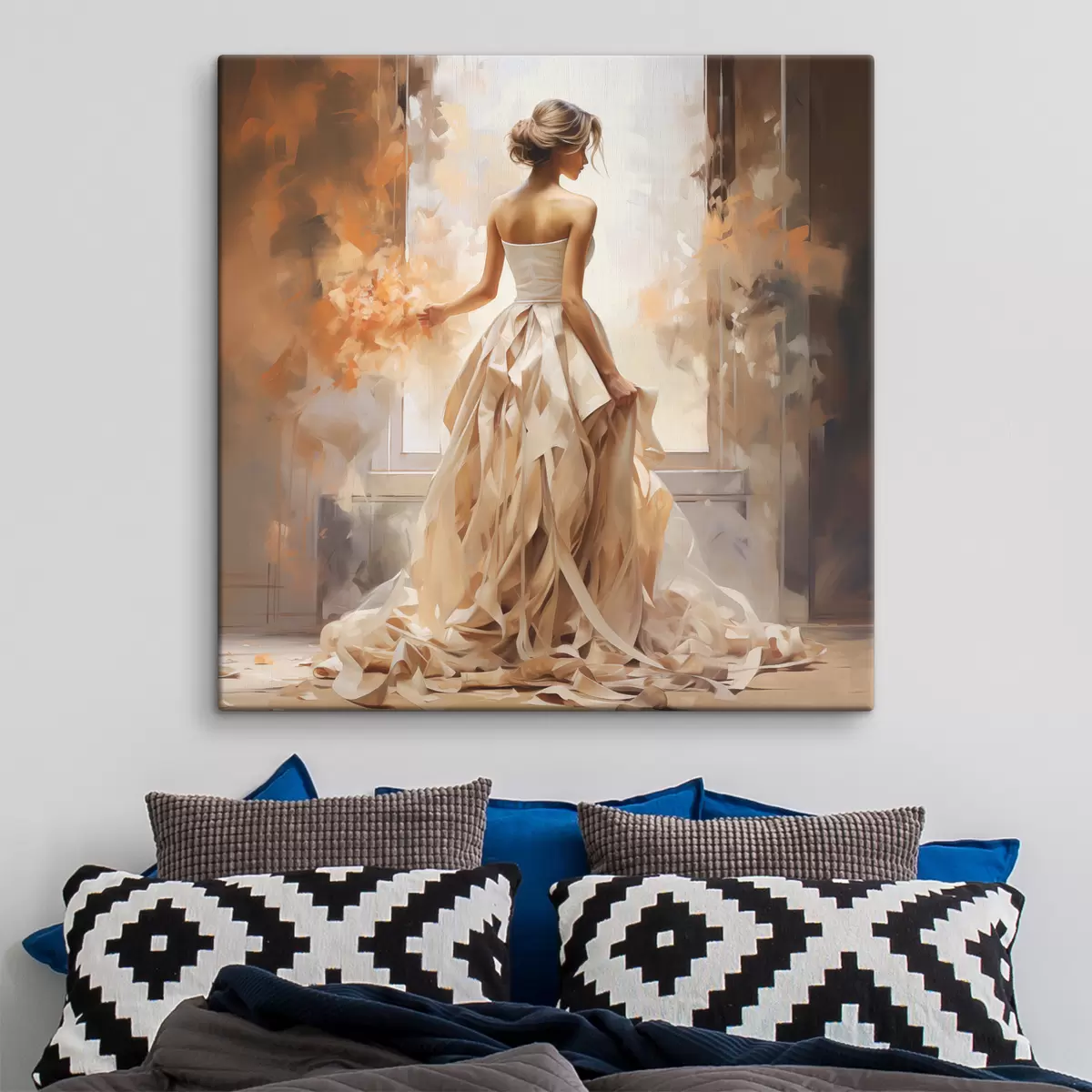 carta da parati Una ragazza con un abito lungo da sposa bianco sta alla finestra tra il fuoco, dipingendo a mano nr. s39125