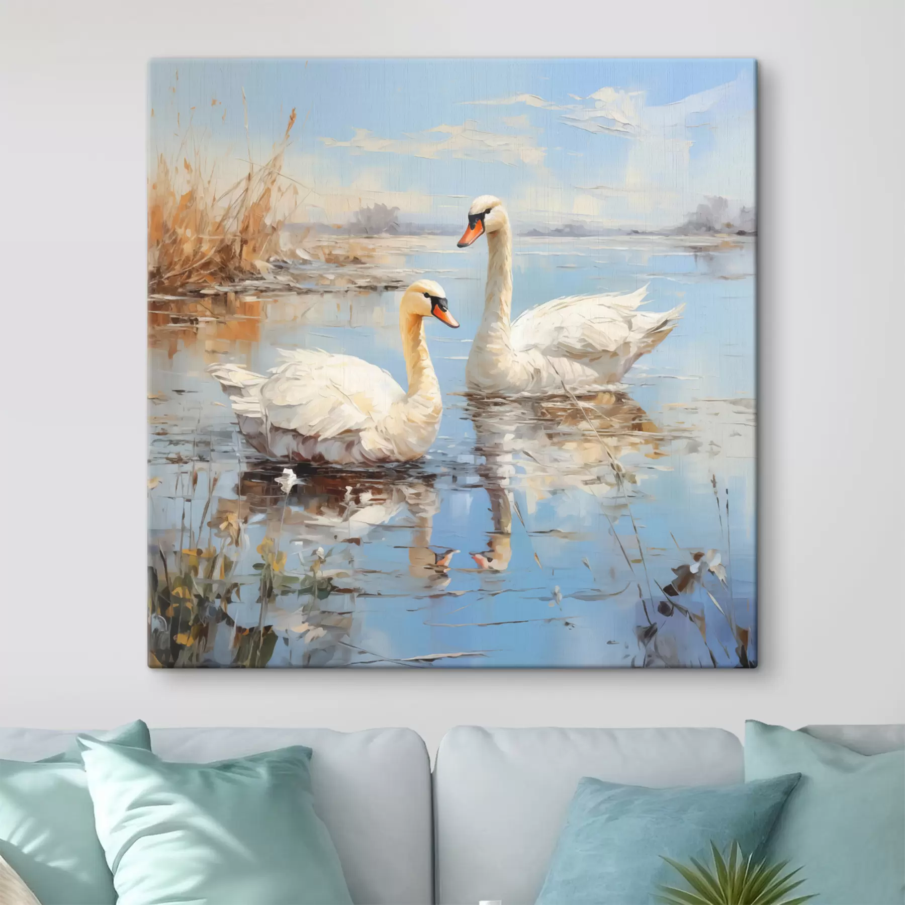 carta da parati Oche bianche nuotano lungo il fiume tra le canne, di colore blu, bianco, beige nr. s39130