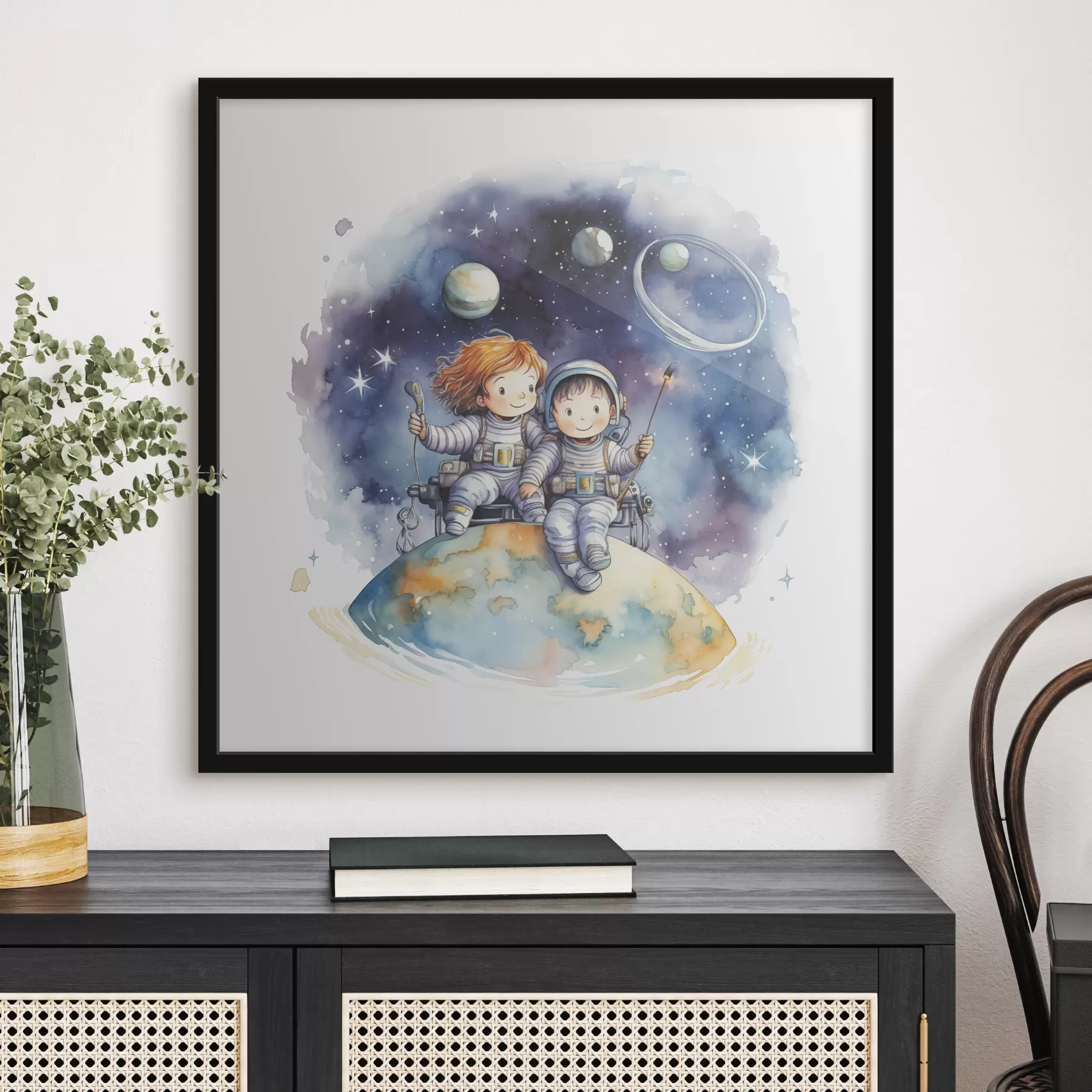 carta da parati Bambini in tuta spaziale seduti su un pianeta nello spazio illustrazione ad acquerello per bambini nr. f39117
