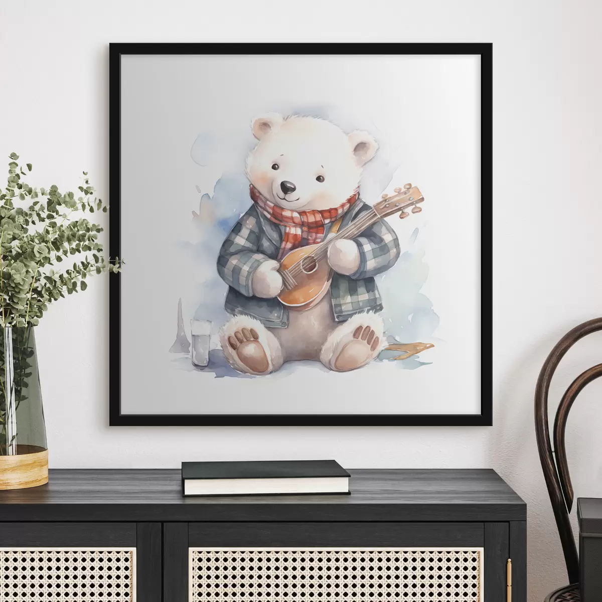 Poster Musicista orso polare in abito blu a scacchi e sciarpa rossa suona la chitarra illustrazione acquerello per bambini f39120