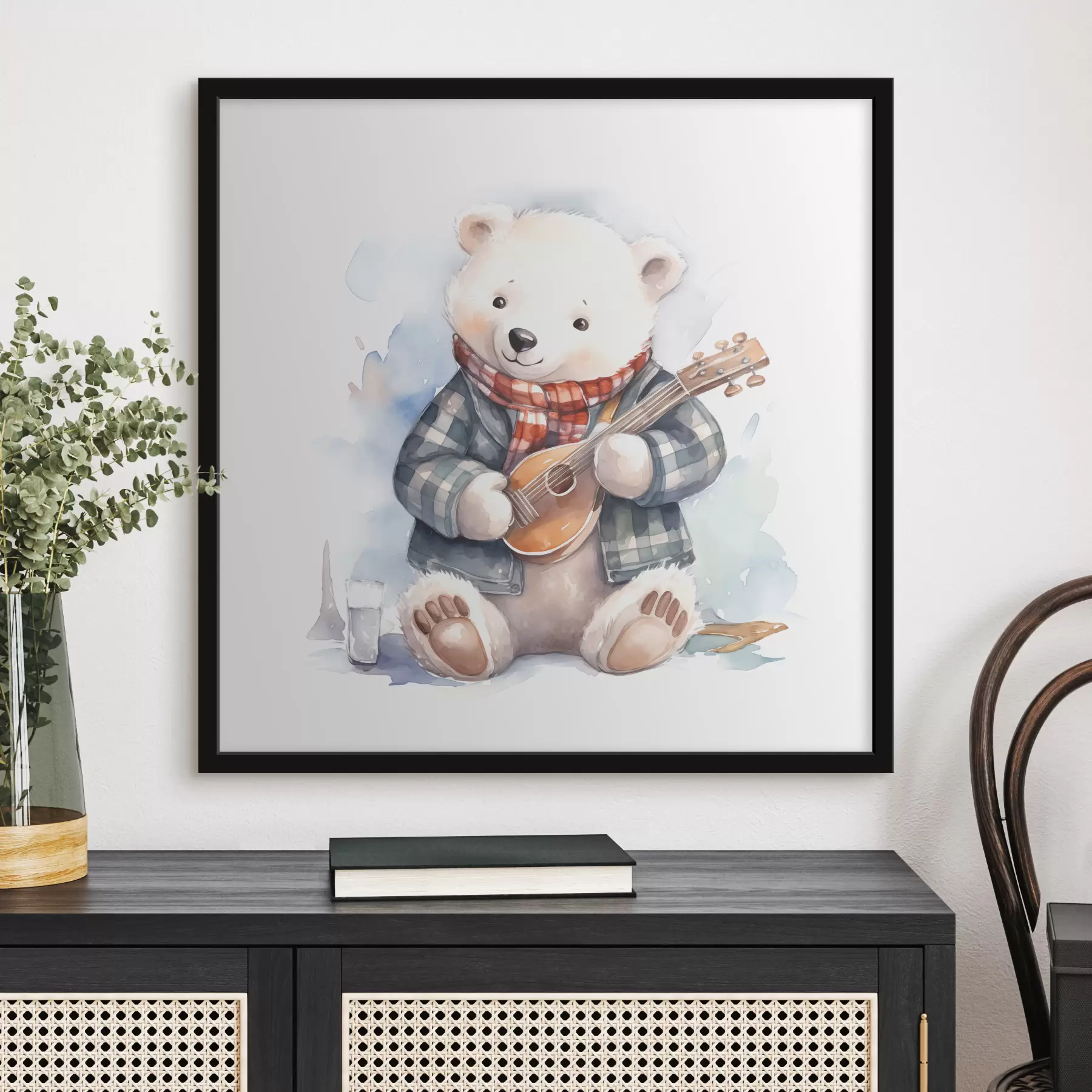 carta da parati Musicista orso polare in abito blu a scacchi e sciarpa rossa suona la chitarra illustrazione acquerello per bambini nr. f39120