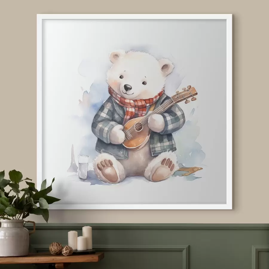 carta da parati Musicista orso polare in abito blu a scacchi e sciarpa rossa suona la chitarra illustrazione acquerello per bambini nr. f39120